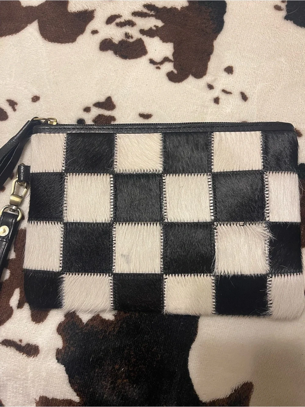 Black & White Cowhide Checker Wristlet Clutch Lippy - Women Bags